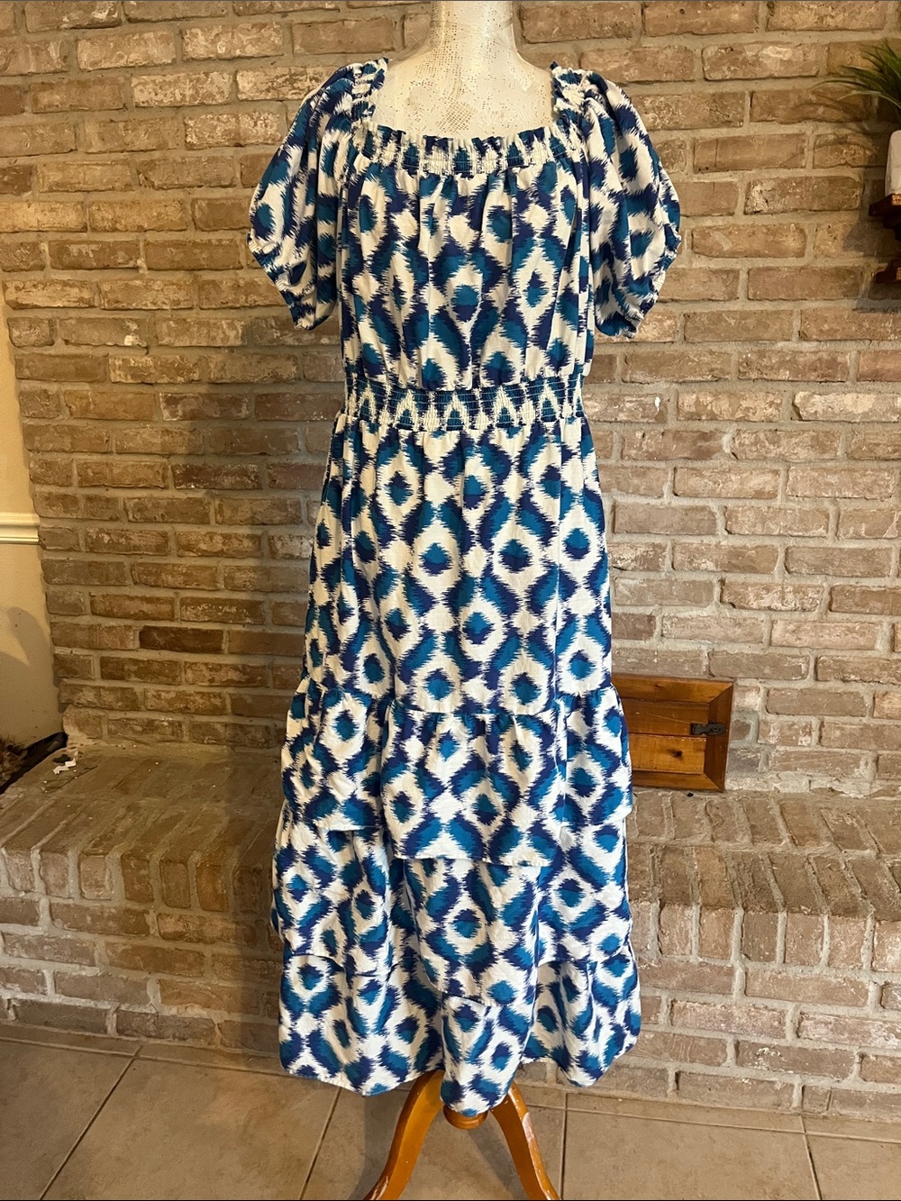 Blue Ikat Print Tiered Dress